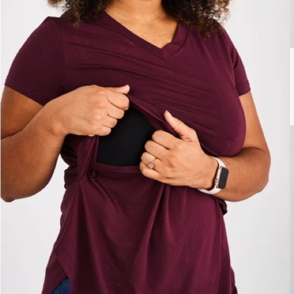 Wine Latched Mama V-Neck Boyfriend Nursing Tee